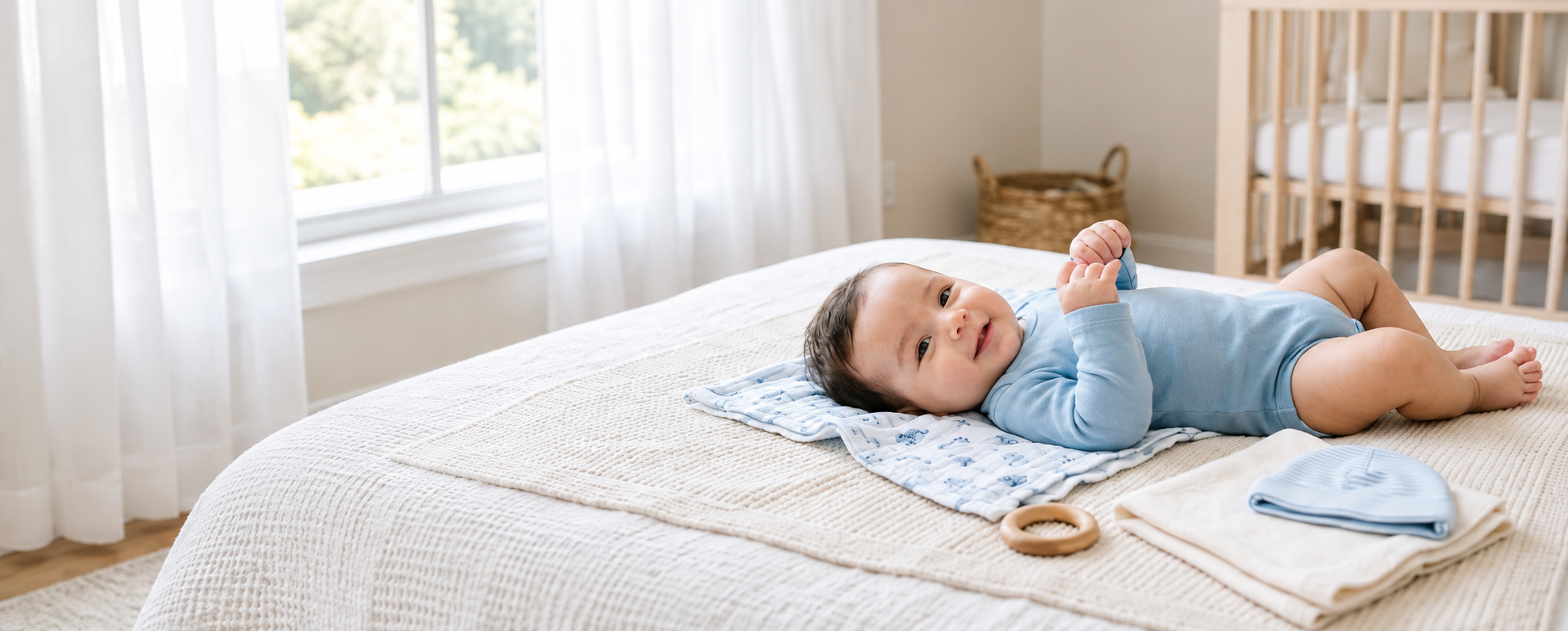 Bebé sonriente en dormitorio luminoso
